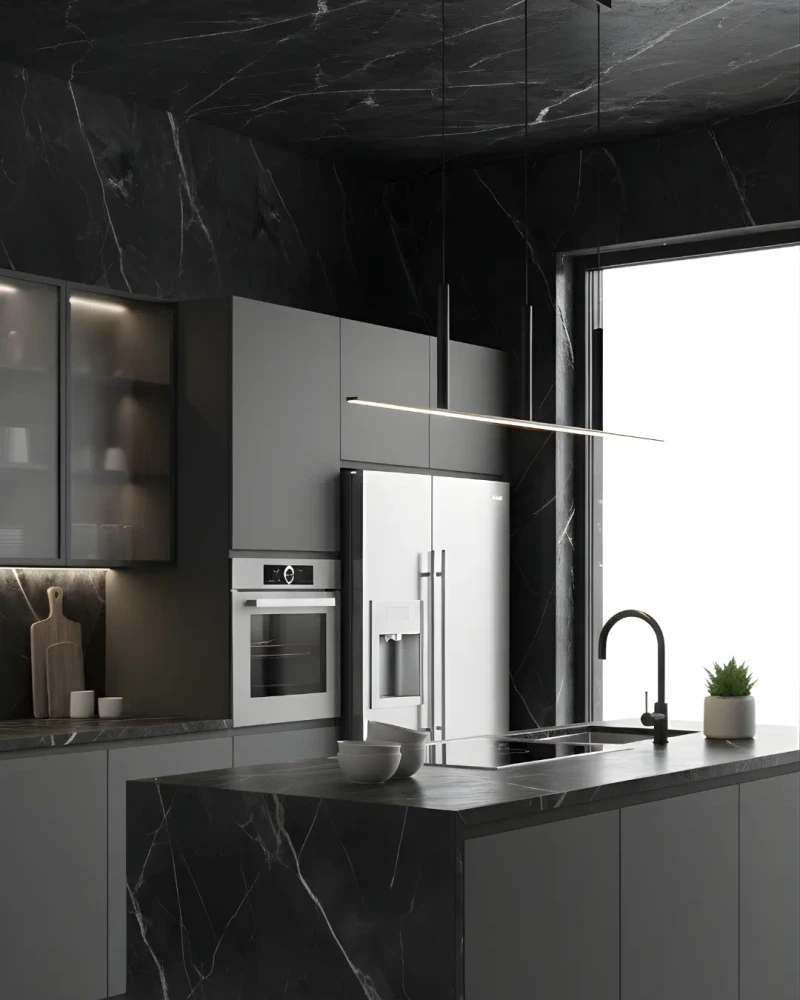 Panel Decorativo de PVC imitación mármol negro instalado en cocina - Tu Panel Decorativo
