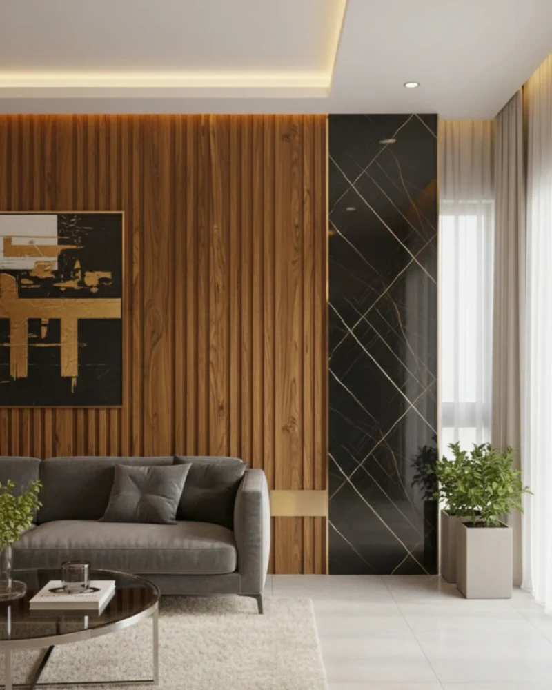 Palillería WPC y plafones de madera decorativa para sala de estar - Tu Panel Decorativo